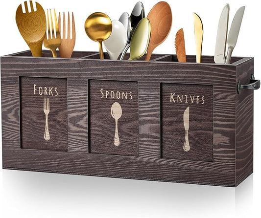 Wood Flatware, Cutlery, Kitchen Utensil & Silverware Caddy Organizer Bin Holder for Kitchen Countertop, Perfect for Forks, Spoons, Knives