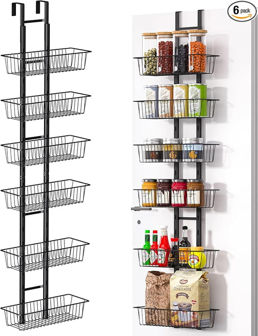 LUXEAR Over the Door Pantry Organizer, 6-Tier Adjustable Over the Door Hanging Spice Rack, No-Assembly Foldable Metal Over the Door Organizer for Kitchen, Home, Laundry Room, Bathroom