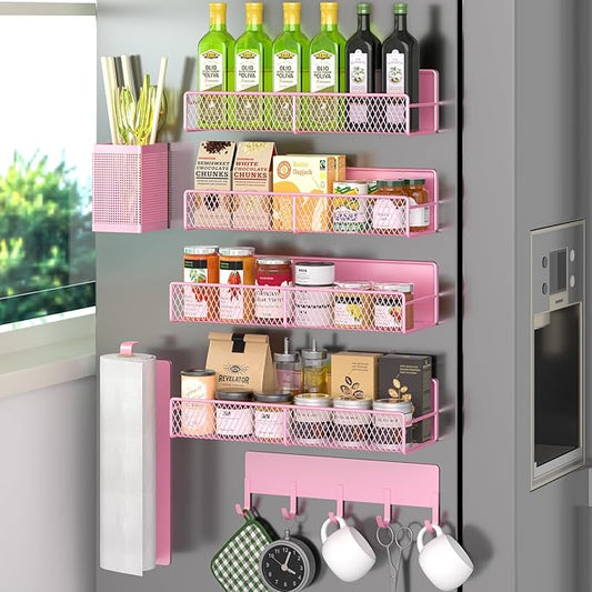 Pink Metal Spice Rack for Refrigerator, 7 Pack Moveable Organizer with Hook Rack, Paper Towel Holder, Strong Magnetic Storage