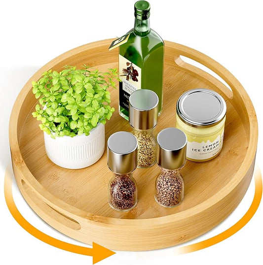 Lazy Susan Organizer Homerays 13 Inch Non-Skid Bamboo Lazy Susan for Kitchen Rotating Spice Rack with Handles, Wood Turntable for Kitchen Cabinet,Countertop (Bamboo, Large)