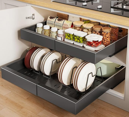 2 Pack Pull out Cabinet Organizer 21"Deep With Raising Pad for Framed Cabinets, Expandable Slide out Drawers for Kitchen Cabinets with 4pcs Divider Racks, Roll out Shelves 12.1"-20.4" W Black