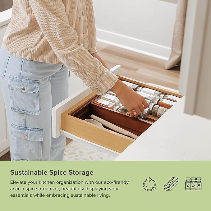 Spice Drawer Organizer with Expandable Storage. Holds up to 15 Spice Jars (Not Included), Non-Slip Feet, Kitchen Accessory Storage, 100% Sustainable Bamboo Wood (Natural Acacia)