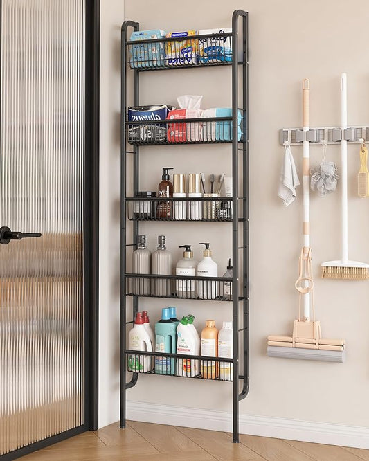 UMDONX Behind The Door Bathroom Shelf Narrow 5-Tier, Space-Saving Slim Bathroom Storage Shelf Narrow Shelving Unit for Bathroom and Kitchen Black