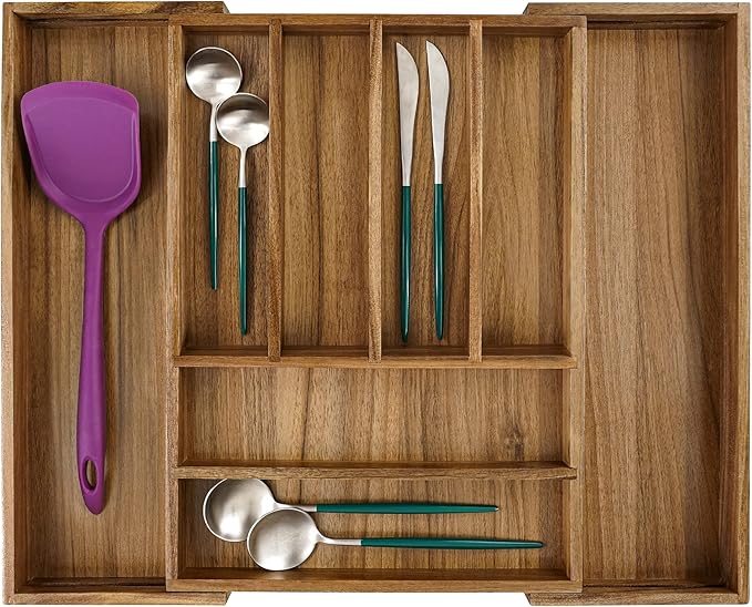 Utoplike Acacia Silverware Drawer Organizer for Cutlery, Adjustable Kitchen Utensil Drawers Organizers, Expandable Wooden Flatware Caddy, Dividers for Knives, Forks, Spoons, 6-8 Slots