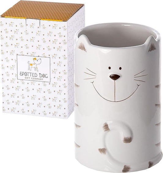 SPOTTED DOG GIFT COMPANY Cat Utensil Holder, Ceramic Utensil Crock, Cute Kitchen Countertop Decor, Baking & Cooking Tools Organizer, Gifts for Cat Lovers & Pet Owners 4.3" x 6.3"