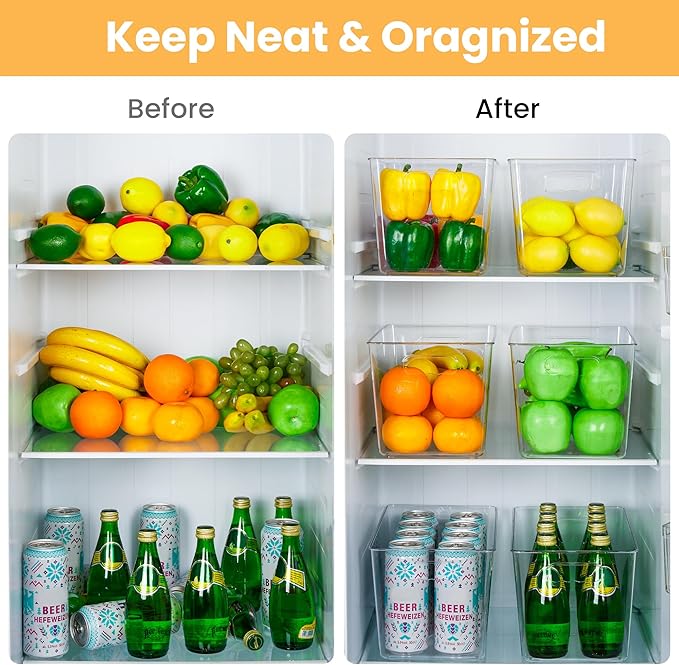 YIHONG Clear Plastic Storage Bins, 8 Pack Pantry Organizer Bins with Handle for Kitchen, Freezer,Cabinet,Closet Organization and Storage(XL)