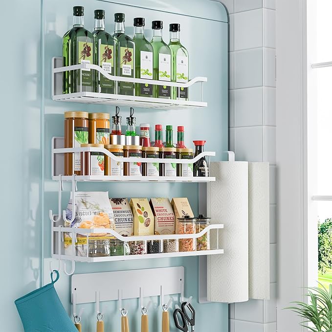 Magnetic Spice Rack for Refrigerator, 5 Pack Metal Strong Magnetic Shelf for Oven，Moveable Spice Organizer with Paper Towel Holder and Metal Hooks, Fridge Organizers and Kitchen Storage (White)