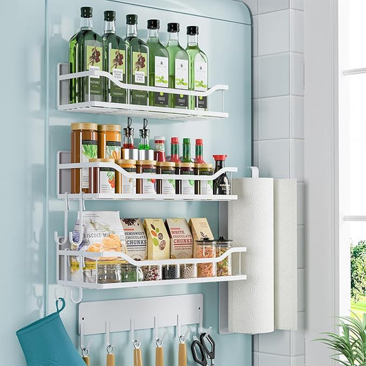 Magnetic Spice Rack for Refrigerator, 5 Pack Metal Strong Magnetic Shelf for Oven，Moveable Spice Organizer with Paper Towel Holder and Metal Hooks, Fridge Organizers and Kitchen Storage (White)