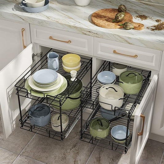 LOVMOR Cabinet Organizer, 2-Tier Pull Out Cabinet Organizers 20" W x18 D, Pull Out Home Organizers Chrome Pull Out Drawer for Base Cabinet Black