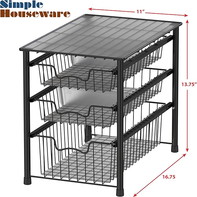Simple Houseware 3-Tier Stackable Sliding Basket Storage Organizer Drawer for Bathroom and Kitchen, Black