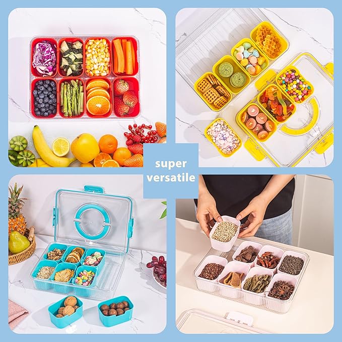 Patent Divided Serving Tray with Lid & Handle - Snackle Box Organizer for Charcuterie, Veggies, Fruits, Candy - Portable Food Storage for Travel, Beach, Picnics（1 pcs, Yellow）