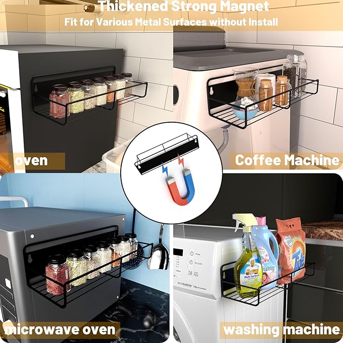 Magnetic Spice Rack for Refrigerator, 4 Pack Strong Magnetic Shelf Kitchen Organizer with 4 Hooks and Adhesive Stickers Black