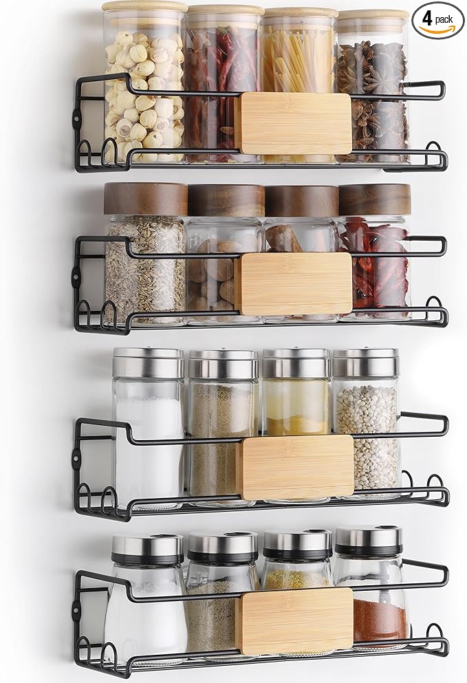 4-Pack Wall Spice Rack - Matte Black Spice Organization for Cabinet with Bamboo Plank - 2 Mounting Options Floating Shelves for Kitchen, Bathroom, Laundry Room, Pantry Organizers and Storage