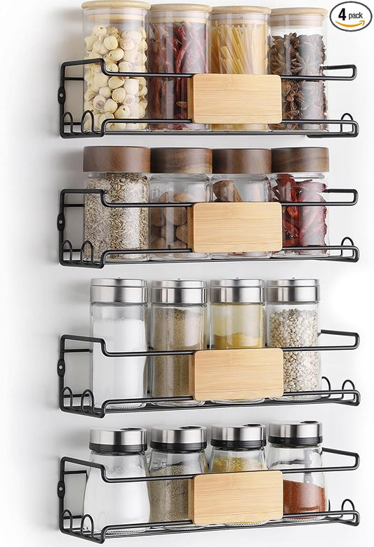 4-Pack Wall Spice Rack - Matte Black Spice Organization for Cabinet with Bamboo Plank - 2 Mounting Options Floating Shelves for Kitchen, Bathroom, Laundry Room, Pantry Organizers and Storage