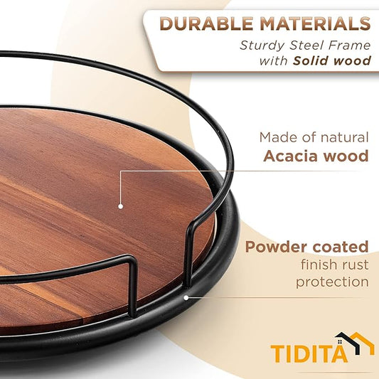 13" Acacia Wood Lazy Susan Turntable with Metal Frame for Table Top - Wooden Serving Tray Rotating for Kitchen Counter - Centerpiece Organizer Storage Food Bin Container for Pantry, Fridge