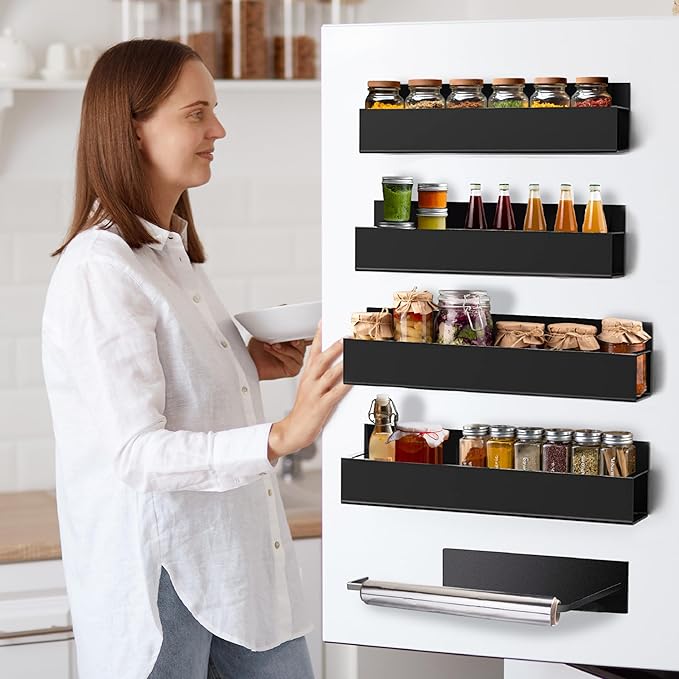 5 Pack Magnetic Spice Rack for Refrigerator and Magnetic Paper Towel Holder, Magnetic Shelf for Fridge, Moveable Metal Magnet Fridge Spice Organizer Rack with 8 Hook for Microwave, Oven