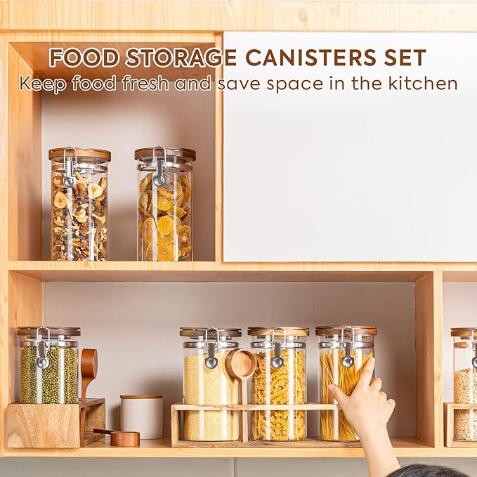 Yangbaga Glass Sugar Coffee Canister with Shelf, 3 x 45OZ Coffee Bean Containers Storage Station Organizer with Airtight Locking Clamp and Log Coffee Scoop, Food Storage Canisters Sets for Kitchen