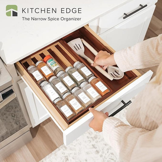 Spice Drawer Organizer with Expandable Storage. Holds up to 15 Spice Jars (Not Included), Non-Slip Feet, Kitchen Accessory Storage, 100% Sustainable Bamboo Wood (Natural Acacia)