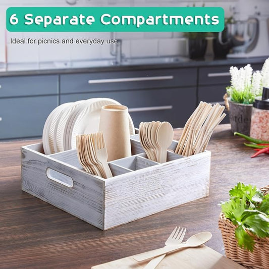 ALELION Rustic White Utensil Holder for Party - Paper Plate Organizer for Countertop - Silverware Caddy with 6 Compartments for Plate Cup Fork Spoon - Cutlery Holder for Camping Buffet