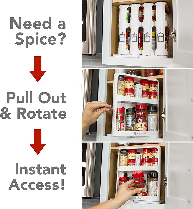 Cabinet Caddy Spice Rack Organizer for Cabinet - Slide & Rotate Kitchen Organizers and Storage - 2 Double-Decker Shelves - Non-Skid Base - Magnetic Modular Design - 10.8" H x 5.25" W x 10.8" D