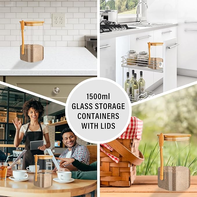 1500ML Brown Sugar Keeper, Glass Storage Containers with Bamboo Lids and Spoon, Airtight Clear Glass Jars Canister for Pasta, Nuts, Coffee Beans(Include 5 Brown Sugar Savers)
