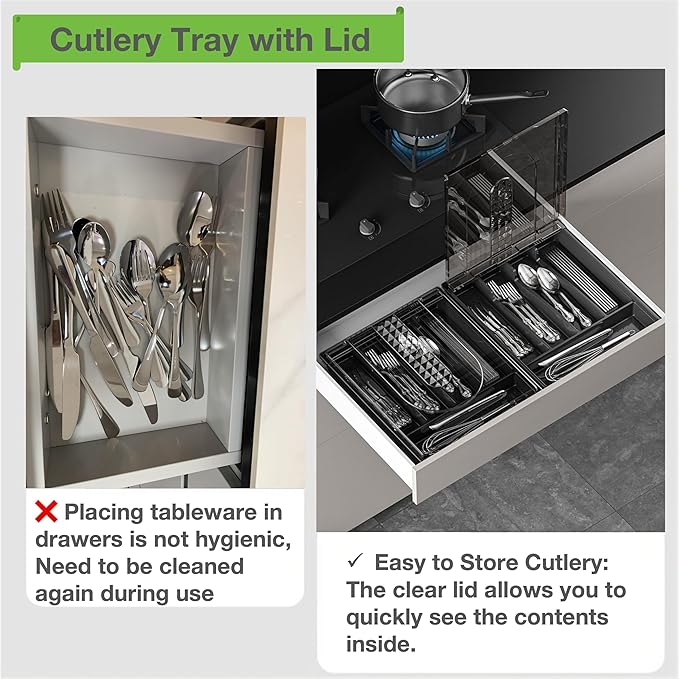 Silverware Container with Removable Lid, Countertop silverware holders Plastic Silverware Tray for Drawer, 5 Compartments Flatware Organizer (Grey)