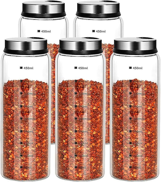 Verdental 15 oz Salt and Pepper Shakers Set with Adjustable Outlet Holes Clear Glass Bottles Spice Seasoning Cans Jar for Kitchen Decor and Home Restaurant BBQ Camping Farmhouse(5 Pcs, 450 ML)