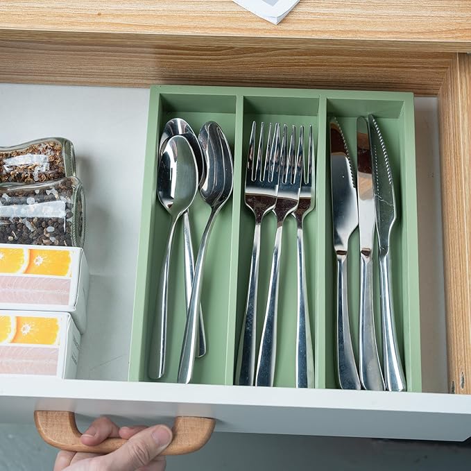 Silverware Organizer Bamboo Kitchen Drawer Organizer, Flatware Organizer Tray for Kitchen, Flatware, Utensils（Green）