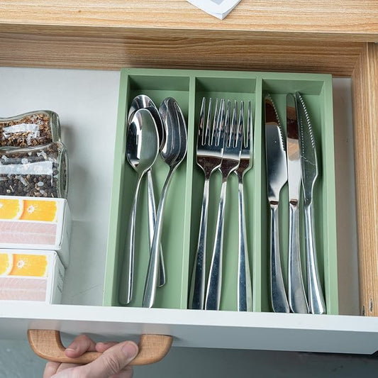 Silverware Organizer Bamboo Kitchen Drawer Organizer, Flatware Organizer Tray for Kitchen, Flatware, Utensils（Green）