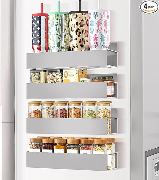 Magnetic Spice Rack Organizer for Fridge Seasoning Organizer for Kitchen storage with Screw or Adhesive Hanging,Magnetic Shelf with Hook for Refrigerator and Oven (Grey, 4pack)