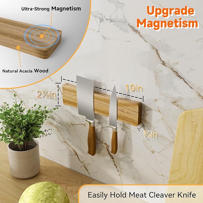 Magnetic Knife Holder for Wall, 10" Acacia Wood Knife Magnetic Strip Powerful Magnet Knife Holder Strip No Drill Use as Tool Key Storage Knife Bar, Knife Rack for Kitchen Utensil Organizer Light Brown