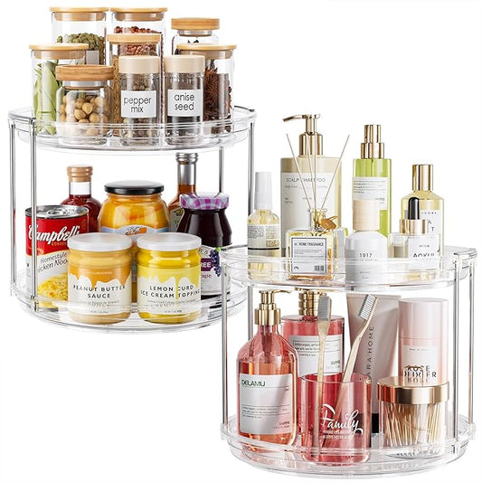 2 Pack 2 Tier Lazy Susan Organizer, 9.25'' Lazy Susan Turntable for Cabinet, Stackable Turntable Organizer Rotating Spice Rack Organization for Kitchen Countertop, Pantry, Bathroom, Clear