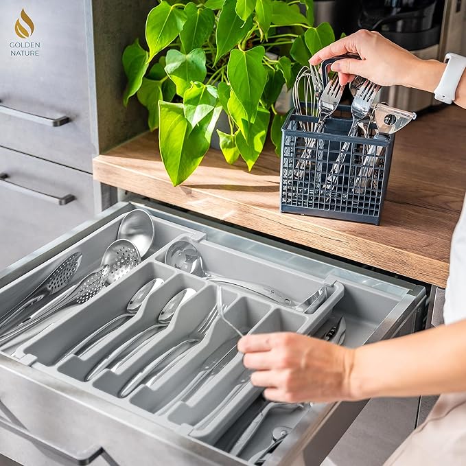 Kitchen Drawer Organizer for Silverware, Utensils, Cutlery (15x13.1 inch Expands to 15x22.2 inch, Gray), Expandable Flatware Holder for Drawers