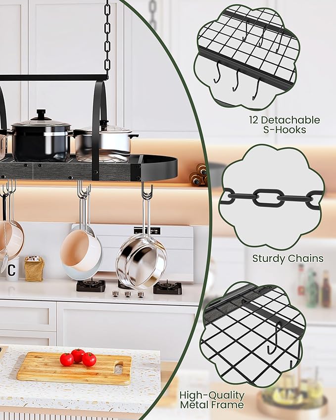 Hanging Pot Rack, Pot Hanger for Kitchen, Ceiling Mounted Pot Holder, Cookware Organizer with 12 S-Shaped Hooks, for Pot, Pan Storage, Space-Saving, Charcoal Black and Black TPR08BCC1