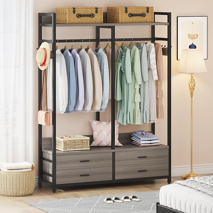 Tribesigns Freestanding Closet Organizer for Hanging Clothes, Heavy Duty Garment Rack with 4 Drawers, 8 Hooks and Storage Shelves, Wardrobe Closet Clothing Rack for Bedroom, Living Room, Grey