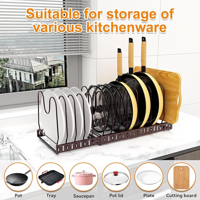 Pot And Pan Organizer Under Cabinet, Expandable Pans and Pots Organizer Rack Pot Lid Holder Shelf with 12 Different Size Dividers (12 Brackets-Brown)