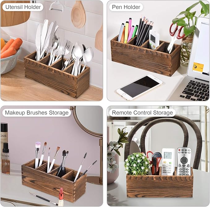 Wooden Silverware Caddy, Kitchen Utensil Holder with 4 Adjustable Compartments, Silverware Storage Kitchen Flatware Caddy