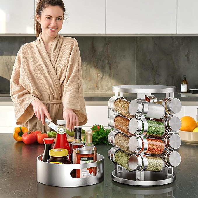 2 Tier Rotating Spice Rack Set With 16 Jars and Extra Top Tray, Revolving Spice Tower Organizer for Kitchen Spice and Seasonings, Aluminum Spice Tower,Reusable Labels, White Pen and Funnel Included