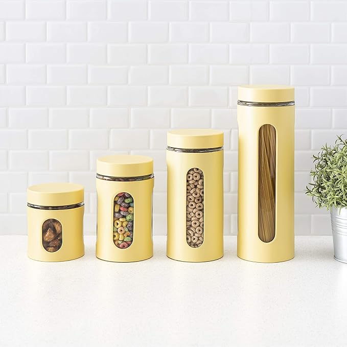 Home Basics Retro Kitchen Canisters For Countertop (4 Piece Set) Yellow Glass with Metal Finish; See-Through Windows; Great For Flour, Coffee, Sugar, Dry Ingredients, Snacks