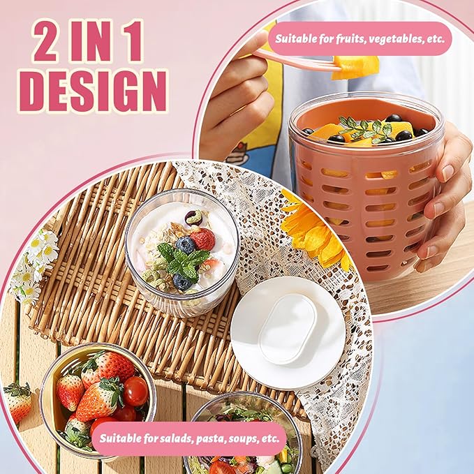 20oz Fruit Salad Storage Cup with Lids and Fork, Reusable Plastic Fruit Storage Containers for fridge with Drain Baskets, BPA-Free & Leak-Proof, Keep Fruits, Vegetables Fresh Longer (Pink)
