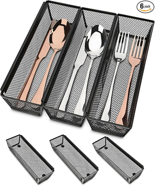 Silverware Organizer, Silverware Drawer Organizer, 6 Pack Cutlery Drawer Organizer, Utensil Organizer, Utensil Drawer Organizer, Cutlery Holder with Interlocking Arm (Black, 9.6 * 3 * 2 Inches)