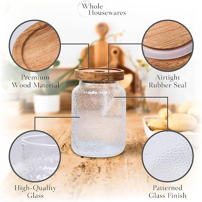 Whole Housewares Glass Jars with Lids - Set of 2 - Mason Jars - Borosilicate Glass Jar with Wooden Lid - Container for Sugar, Coffee, Tea - Decorative Canisters - Candy Jars with Lids (99oz & 77oz)