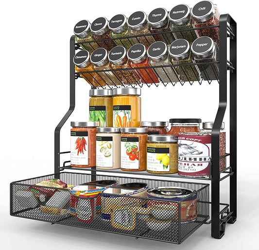 ULG Spice Rack Organizer for Countertop, 4 Tier Seasoning Organizer with Drawer, Spice Rack for Countertop, Cabinet, Spice Organizer for Pantry, Kitchen, Black