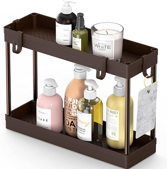 Simple Houseware 2-Tier Under Sink Organizer Storage Tray with Hooks, Brown