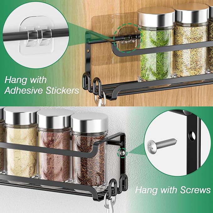 LUCYCAZ 8 Pack Wall Mounted Spice Rack with 32 Hooks, Spice Organizer for Cabinet Pantry Door,Screw or Adhesive Spice Shelf Hanging Wall Spice Rack in Kitchen and RV (Black)