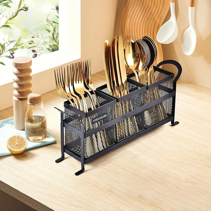 Kitchen Utensil Holder, Silverware Organizer Holder, Compact Metal Organizer for Flatware, Spoons, Forks, and Knives - 3 Separate Compartments Perfect for Kitchen Countertop- Black