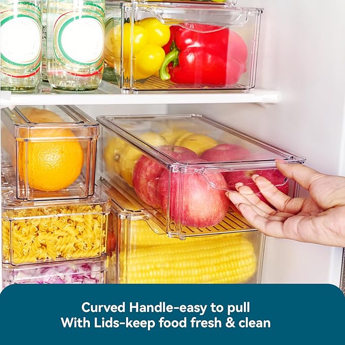 4 Piece Refrigerator Organizer Bins, Clear Fridge Organizers and Storage, Stackable with Lids, Food Storage Containers for Fruit, Vegetable, Drinks, Cereals