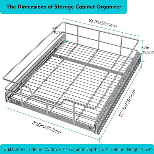 Pull Out Cabinet Organizer 20" W X 22" D, Slide Out Drawers For Kitchen Organizers and Storage, Pull Out Drawers For Cabinets Capacity Heavy Duty Caddy, Cabinet Shelves Chrome-Plated, Bathroom Pantry
