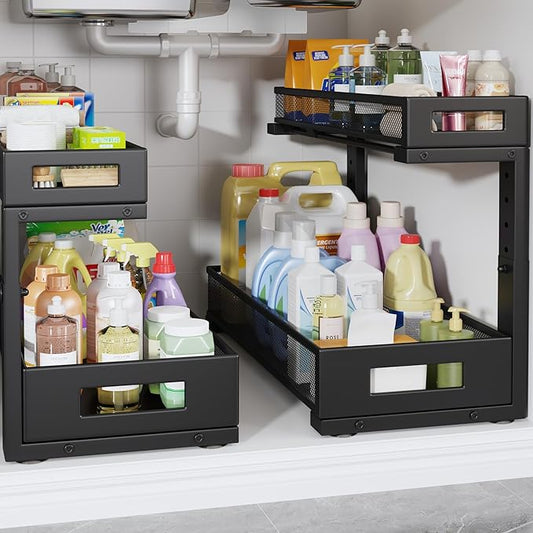 2 Pack 20.47IN Depth Under Sink Storage Organizer, Large 2-Tier Elegant Mesh Pull Out Shelf for Kitchen and Bathroom Cabinet Organization, L-Shaped and Adjustable Height Design-Black