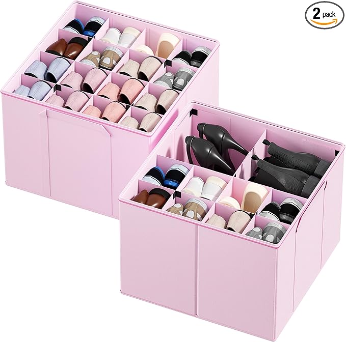 SpaceAid Shoe Organizer for Closet, 2 Pack Foldable Shoe Storage Containers Baskets Boxes Bins w/Adjustable Dividers, Fits 16-32 Pairs, Pink